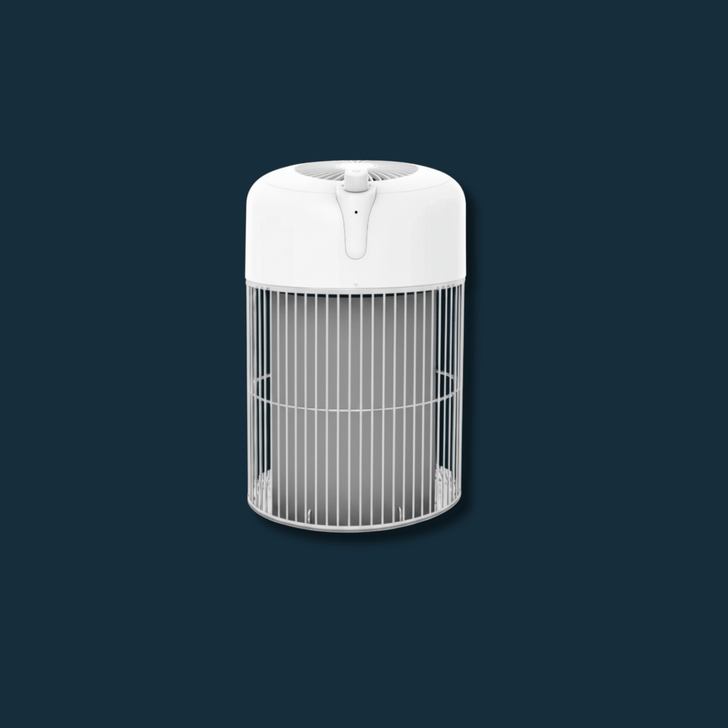 White cylindrical air purifier on a dark blue background